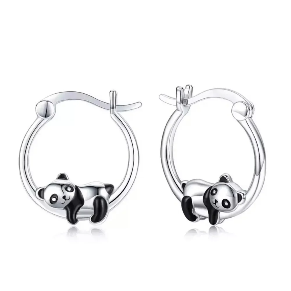 New’ Cute Panda Hoop Silver Earrings Animal print earrings
